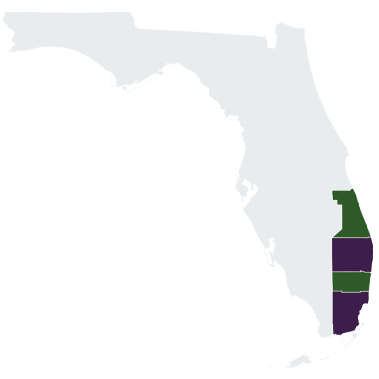 Map of Florida highlighting South Florida and Treasure Coast regions in purple and green