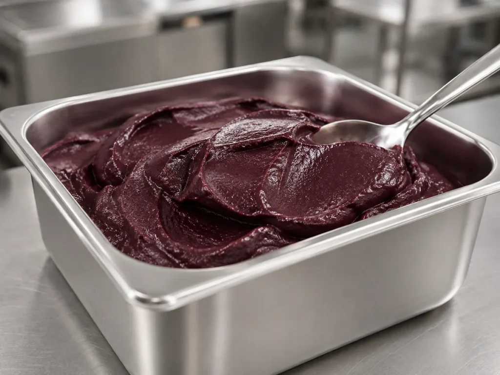 Ready-to-serve açaí in a stainless steel foodservice pan with a serving spoon