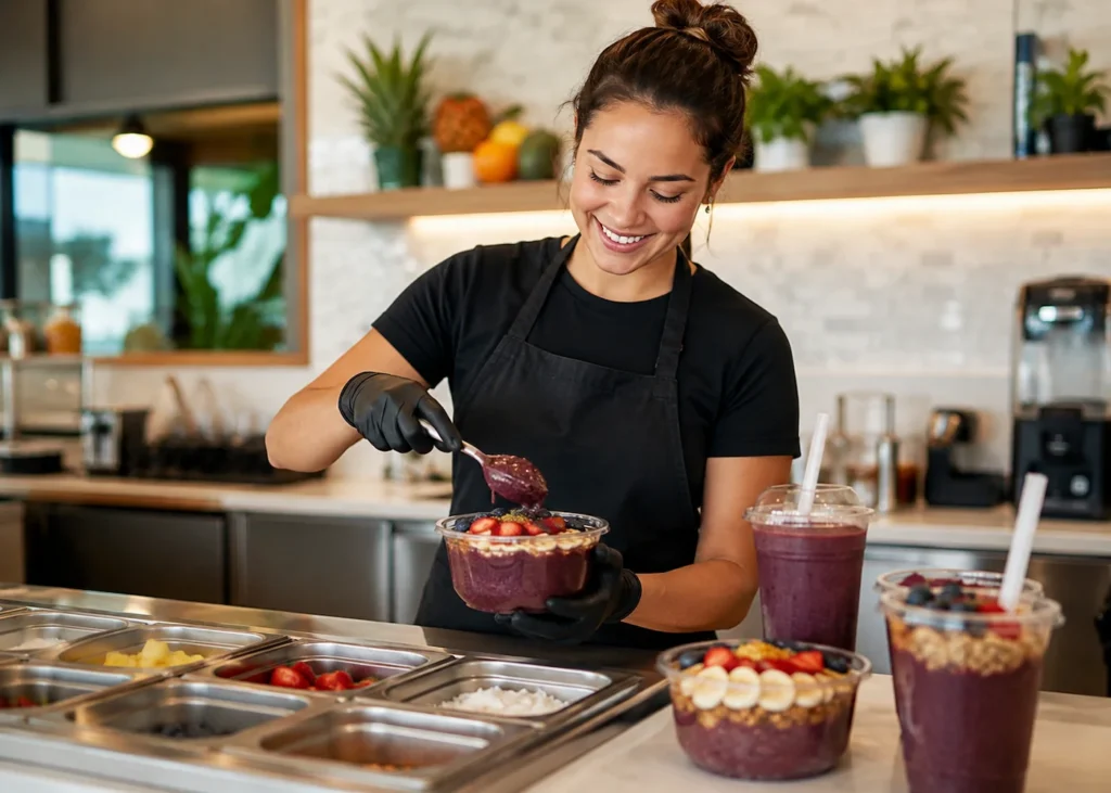 Foodservice worker preparing an açaí bowl at a commercial counter